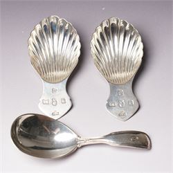 Pair of silver caddy spoons with shell shape bowls and flattened handles London 1977 Maker...