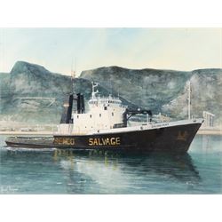 Adrian Thompson (British 1960-): Salvaliant - 1987 Semco Salvage tug boat, watercolour hei...
