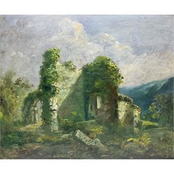 English School (19th century): Ruined Castle, oil on board unsigned, indistinctly inscribed on frame 33cm x 39cm