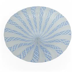 Venetian Murano blue and white glass latticino zanfirico closely matched trio, the flanking vases with stems formed as dolphins, compote vase H21.5cm (3)