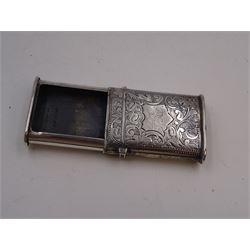 Five Victorian and later silver vesta cases, including Edwardian example with engraved sunburst decoration, hallmarked Abrahall & Bint, Birmingham 1905, and an early 20th century example with engraved foliate decoration and pull-out match compartment, hallmarked Sydney & Co, Birmingham 1910