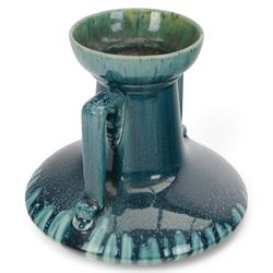 Linthorpe twin handled vase, in green and blue trailing glaze, impressed marks beneath, H22cm 