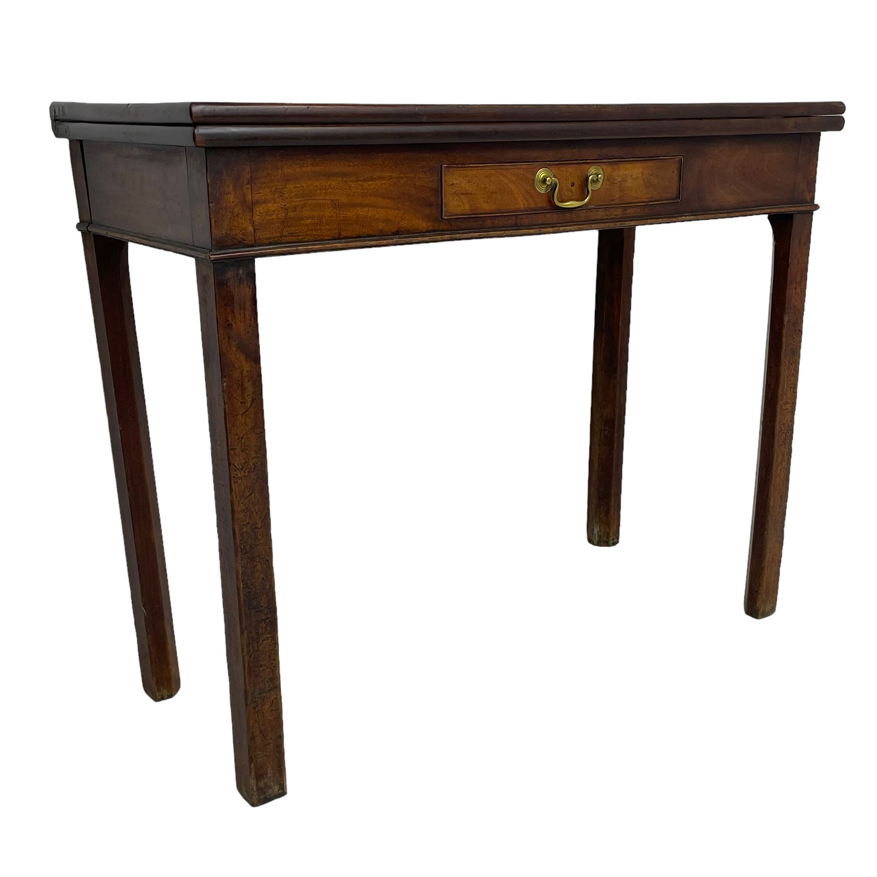 George III mahogany tea or side table, fold-over top over single gate-leg action base, fitted with single cock-beaded drawer, raised on square supports with inner chamfer