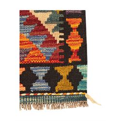 Afghan Maimana flatweave Kilim rug, the field decorated with multi-coloured diamond motifs in a stepped formation, framed by a bold hourglass border,