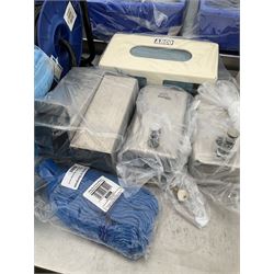Two stainless steel paper towel dispensers, blue roll dispenser, stainless soap dispensers, blue hygiene hats, extension reel and other - THIS LOT IS TO BE COLLECTED BY APPOINTMENT FROM DUGGLEBY STORAGE, GREAT HILL, EASTFIELD, SCARBOROUGH, YO11 3TX