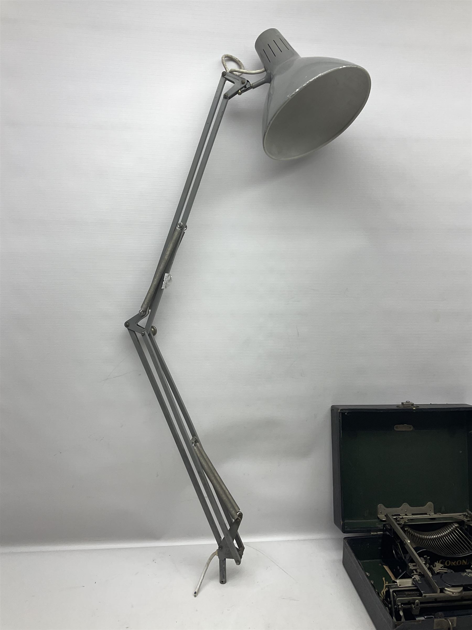 Corona typewriter in case, together with a grey angle pose style lamp
