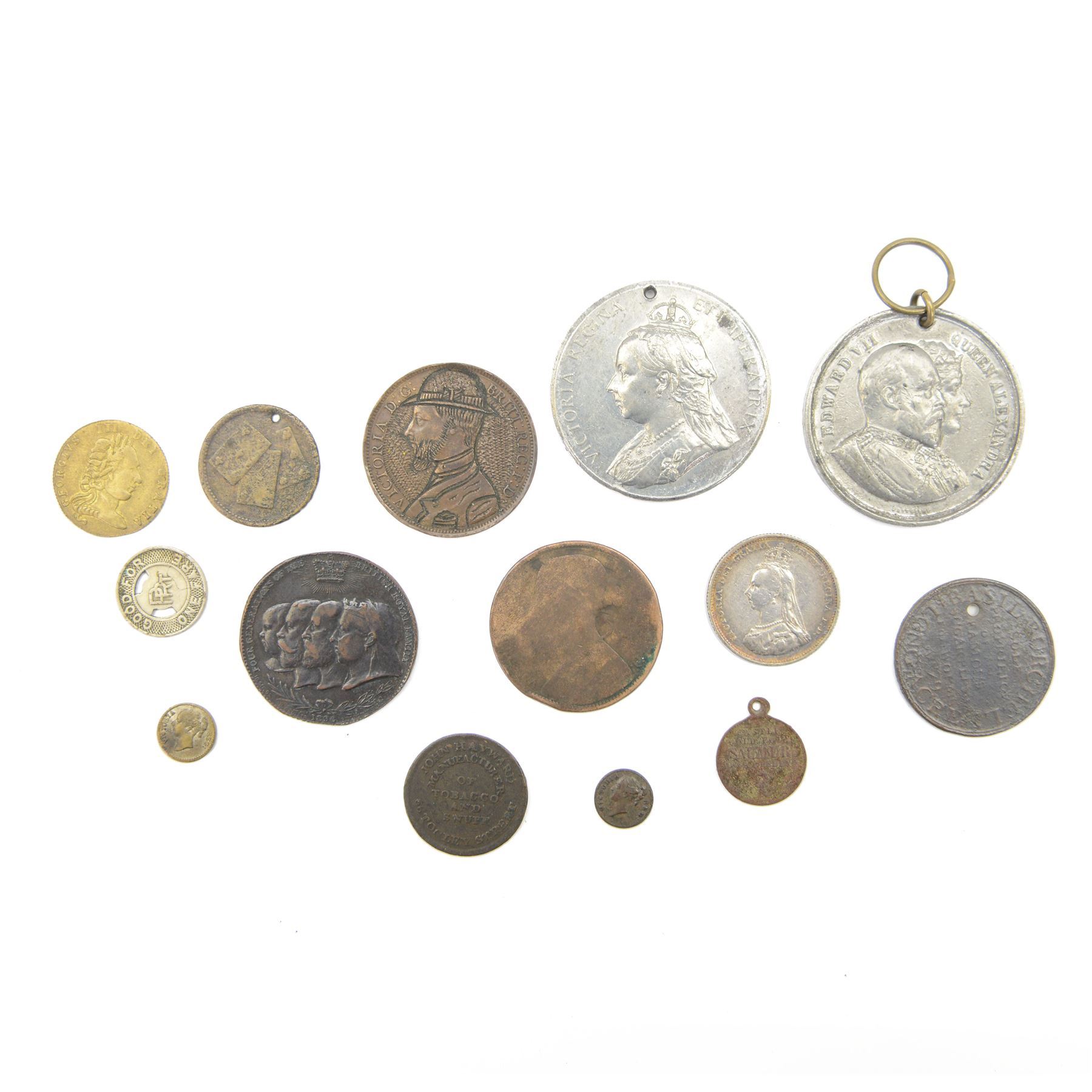 Tokens, medallions and miscellanea, including Queen Victoria 1885 one penny coin with engraved obverse, 1887 enamelled silver one shilling coin, 'Remington Typewriter Four Generations of The British Royal Family' 1896 commemorative, model penny 1848, Edward VII medallion etc
