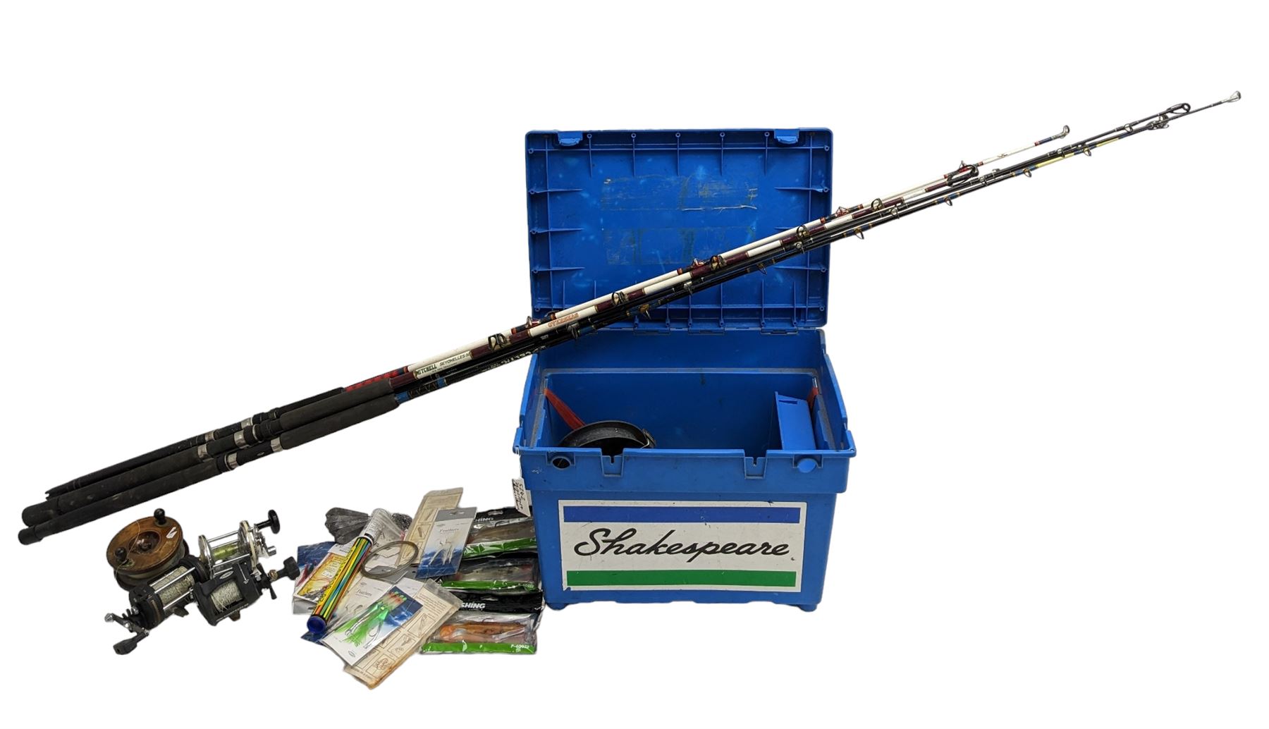 Fishing tackle including Fladen Chieftain 30 and other reels, lures, fishing line etc, housed in a Shakespeare box and five fishing rods