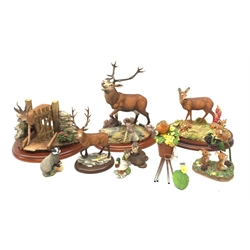 A collection of Border Fine Arts, comprising of Unwelcome Guest A1873 on a wooden base with box, In A Sunny Glade B0255 on wooden base, Red Stag A1485 on wooden base, Red Stag A7686 with box, Be Berry Careful! A0605, Drake B1105 with box and certificate, Water Babies B0660, Bird Wind Chimes A2017 with box, Woodland Ramble B0913 with box and certificate. 