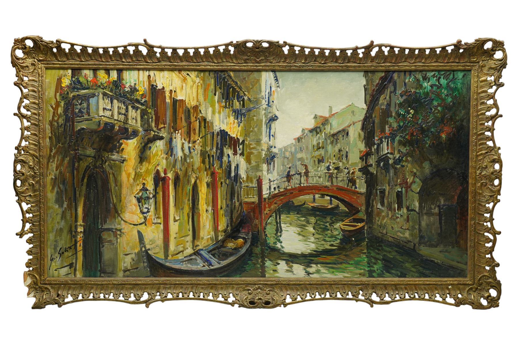 Italian Impressionist School (Mid-20th century): Venetian Canal Scene with Gondoliers, oil on board signed 58cm x 118cm