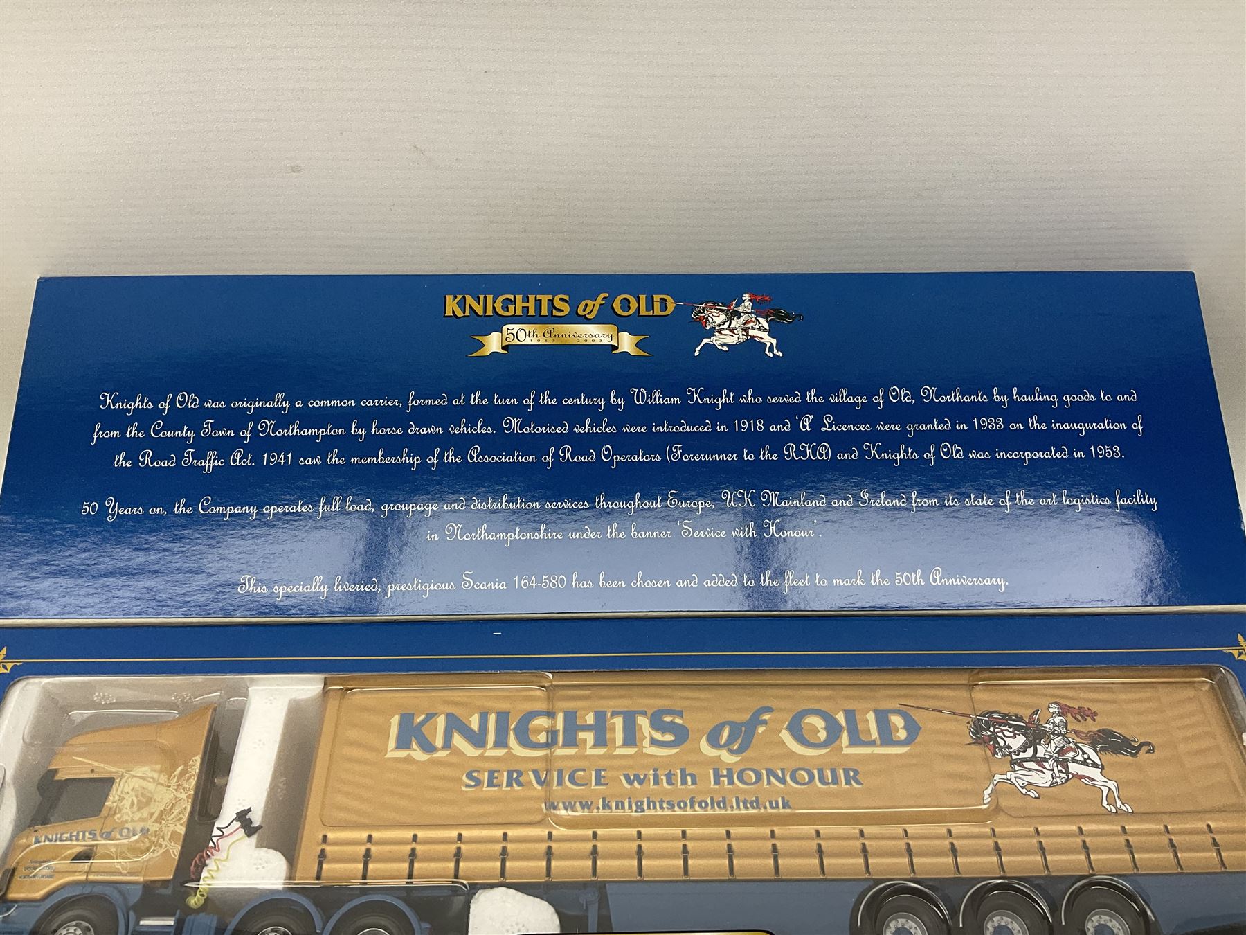 Three Corgi 1:50 scale lorries - Gold Star Special ERF EC Petrol Tanker - BP No.CC11907; limited edition Knights of Old 50th Anniversary 1953-2003 Scania Topline Curtainside No.12911; and limited edition Volvo FH Fridge Trailer - Van der Kwaak No.CC12419; all boxed (3)