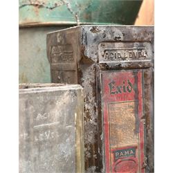 Early motoring interest, to include a Duplex foot pump, a vintage 1 Gallon oil tin, two glass acid battery cases etc.  - COLLECTION BY APPOINTMENT FROM: The White House, Thirsk Road, Easingwold, York, YO61 3NF - CALL 01723 507111 TO ARRANGE