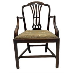 Georgian mahogany elbow chair, shaped cresting over pierced splat, upholstered drop in seat, and a 20th century oak side chair 