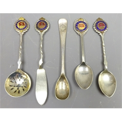  RMS EPNS and enamel Spoons etc incl. Lancastria sifter, Carinthia butter knife, Ascania, Elders & Fyffes mustard spoon etc (5)   