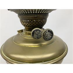 Five brass oil lamps to include Corinthian column example on stepped base with various glass funnel and foliate shade, tallest H56cm excl shade