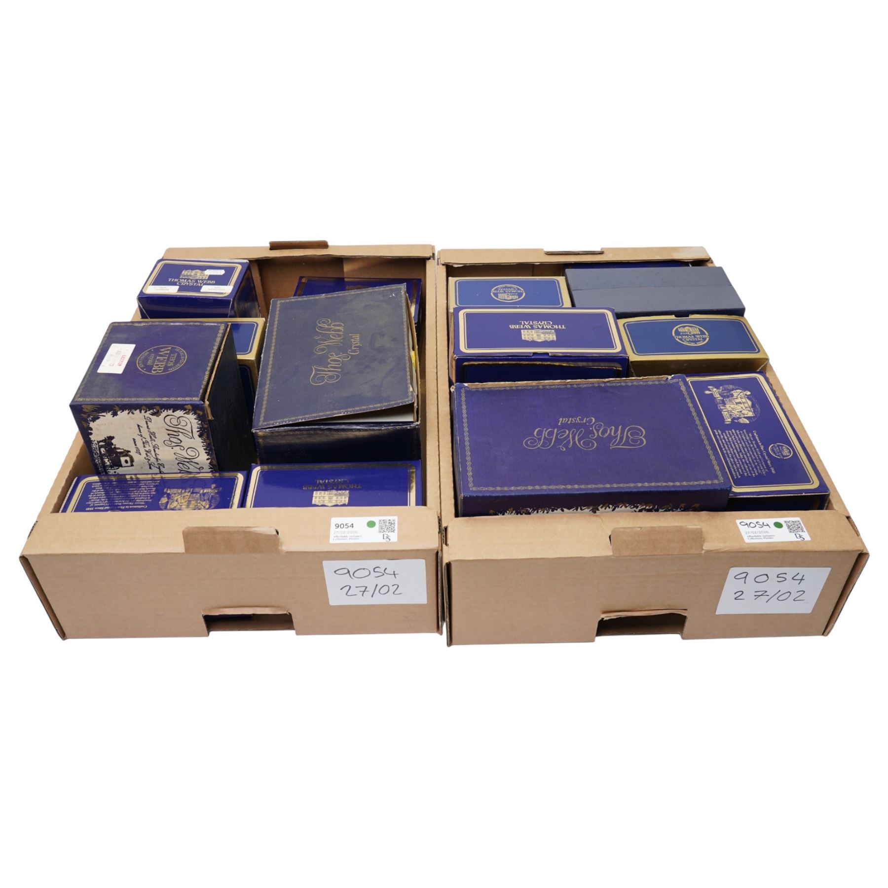 Large collection of boxed Thomas Webb crystal examples, mostly drinking vessels, in various patterns, between two boxes