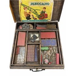 Meccano - large quantity of loose playworn sections in various colours contained in scratch built wooden box with No.2 Outfit instruction booklet
