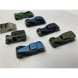 Dinky - ten early unboxed and playworn die-cast models including Armstrong Siddeley, Lagonda, Alvis, Taxi etc