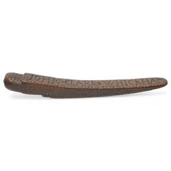 19th century carved treen knitting sheath love token inscribed 'John Clark Whickham', the reverse 'Rebecca Acktin' the sides with initials and dated 1838 L21cm