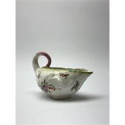 18th century Derby porcelain sauce boat, of leaf moulded form with curled handle, decorated throughout with floral sprays, L11cm