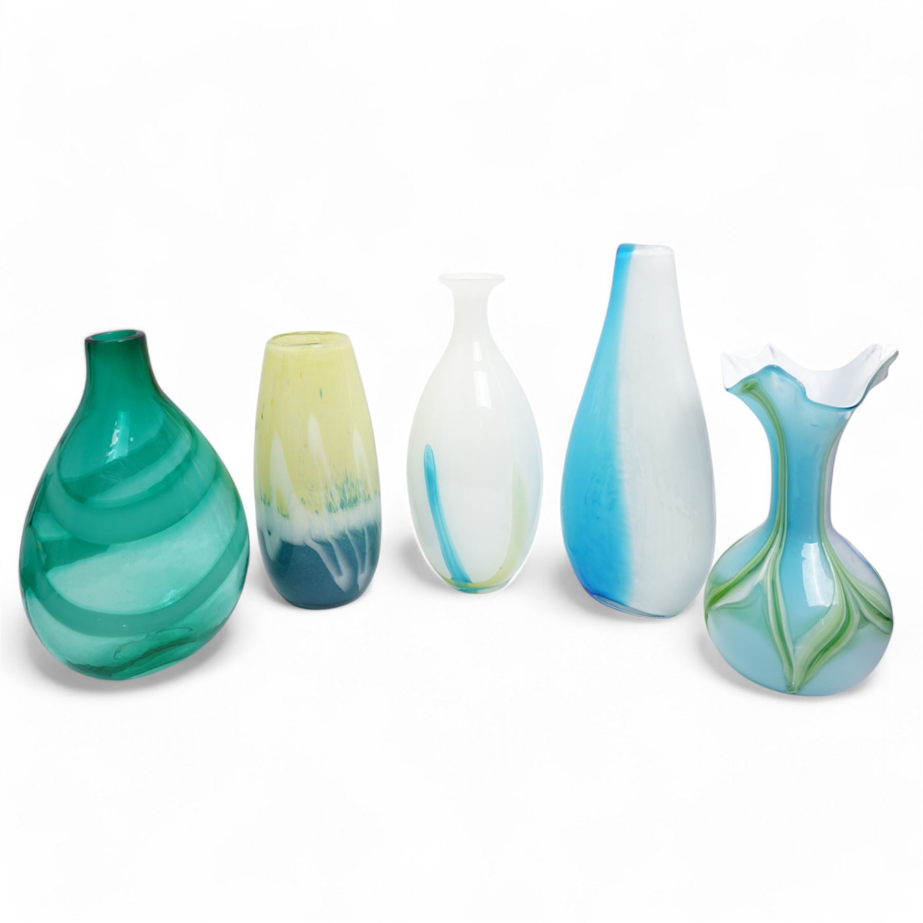 Art Nouveau style blue and white glass vase, of baluster form with elongated neck, the decorative green stems leading towards a petal shaped rim, H29cm; together with four similar art glass vases, tallest H36cm (5)