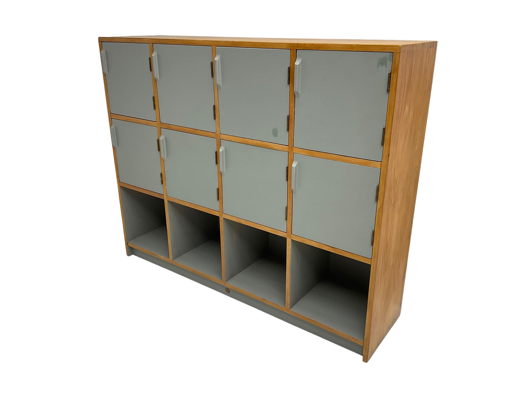 Esavian - mid-20th century school gym locker, fitted with eight cupboards and four open compartments