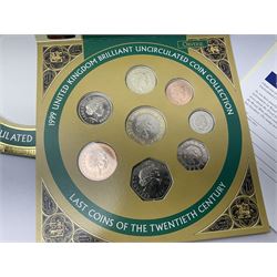 The Royal Mint United Kingdom 1995 'Second World War' silver proof two pound coin cased with certificate, three 1995 brilliant uncirculated two pound coins in card folders, brilliant uncirculated 1999 coin year set in card folder, pre-decimal coins, commemorative crowns etc
