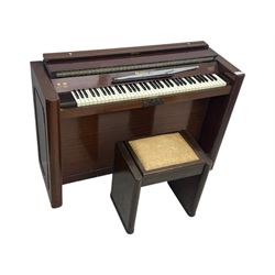 Evestaff - Minipiano early 20th century mahogany cased upright piano, with stool, compact upright form with streamlined mahogany case, full keyboard over two brass pedals, together with matching piano stool