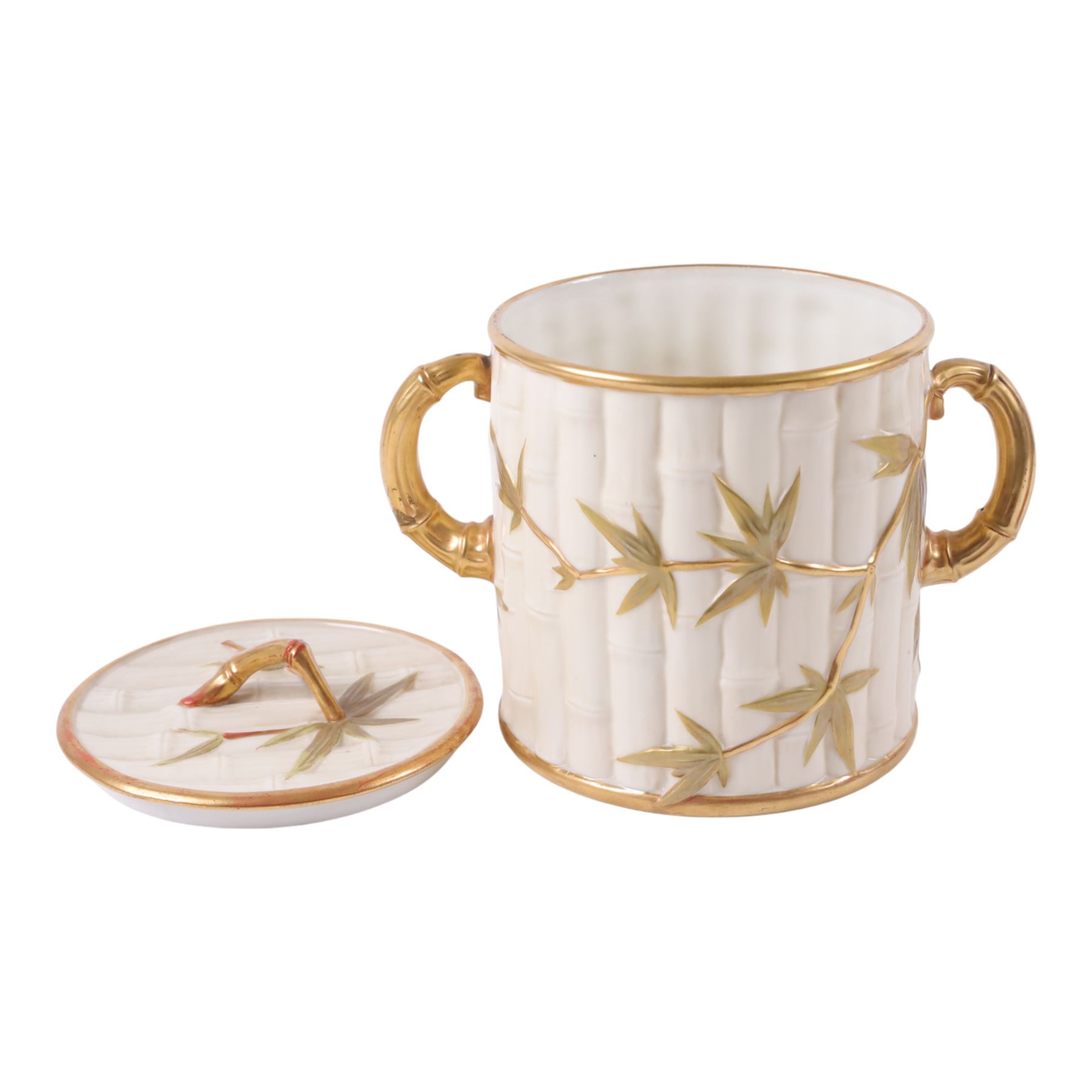 Royal Worcester Blush Ivory twin handled biscuit barrel and lid, in the form of bamboo with gilt highlights, H19cm 