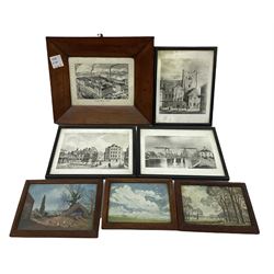 Seven framed prints of cityscapes and landscapes
