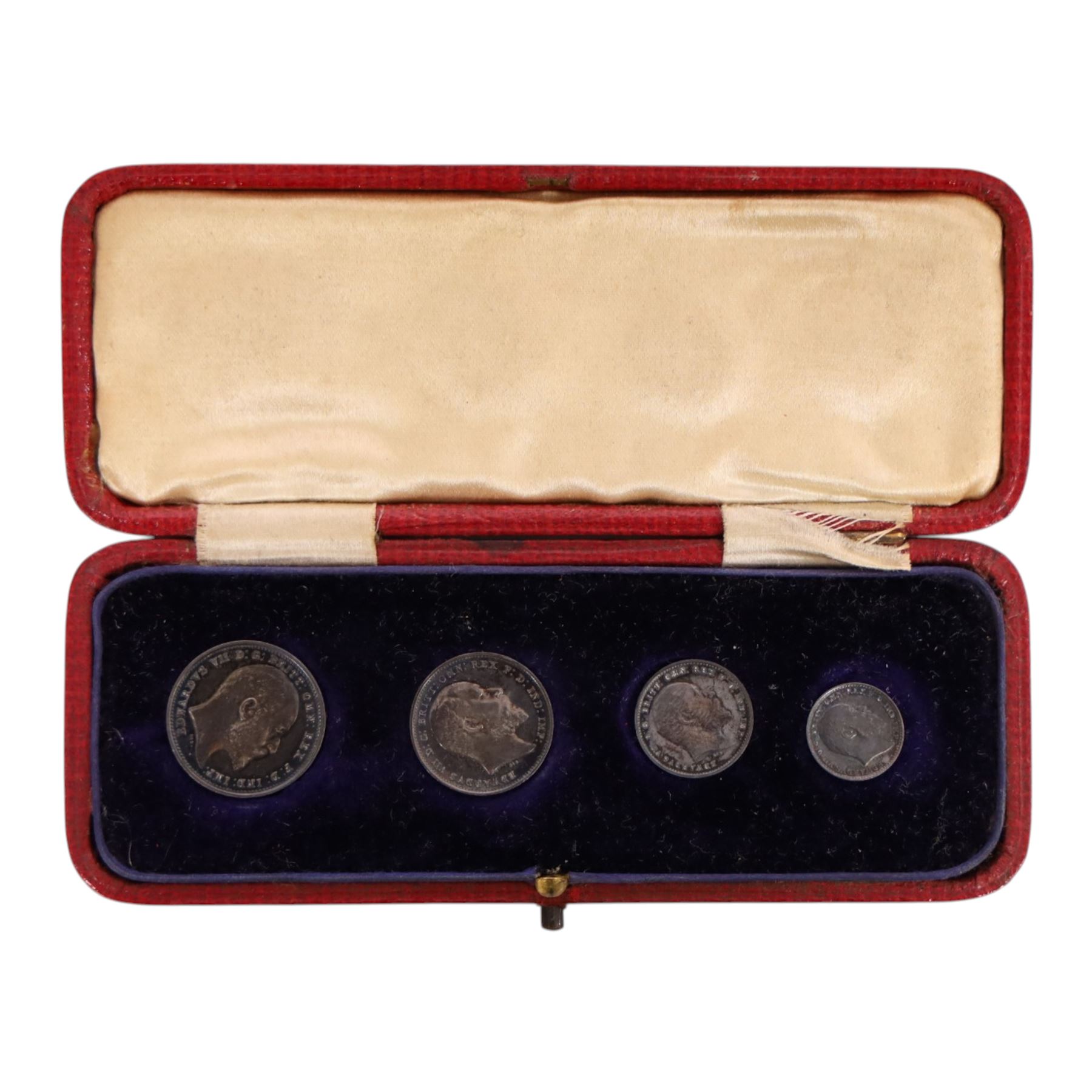 King Edward VII 1905 Maundy silver four coin set, in original tooled red leather case