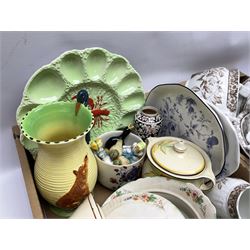 Burleigh Ware jug of baluster form modelled with fox and heron, cabbage dish, Carlton Ware lobster scallop dish, Royal Doulton The Hunting Man plate, Grimwades, other early 20th century ceramics and a Henry Alcock wash set to include jug and bowl, chamber pot etc