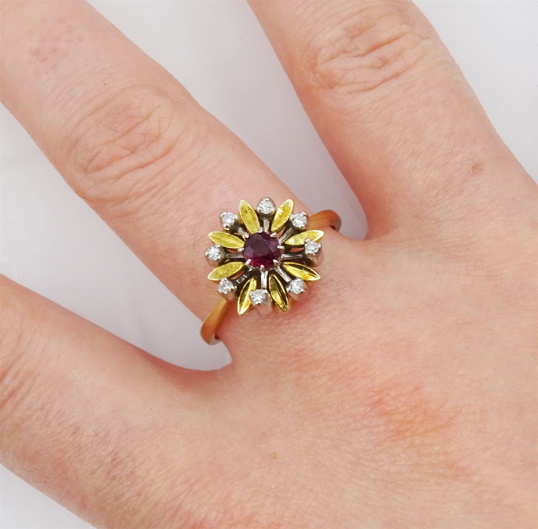 18ct gold ruby and diamond cluster ring, Birmingham 1978