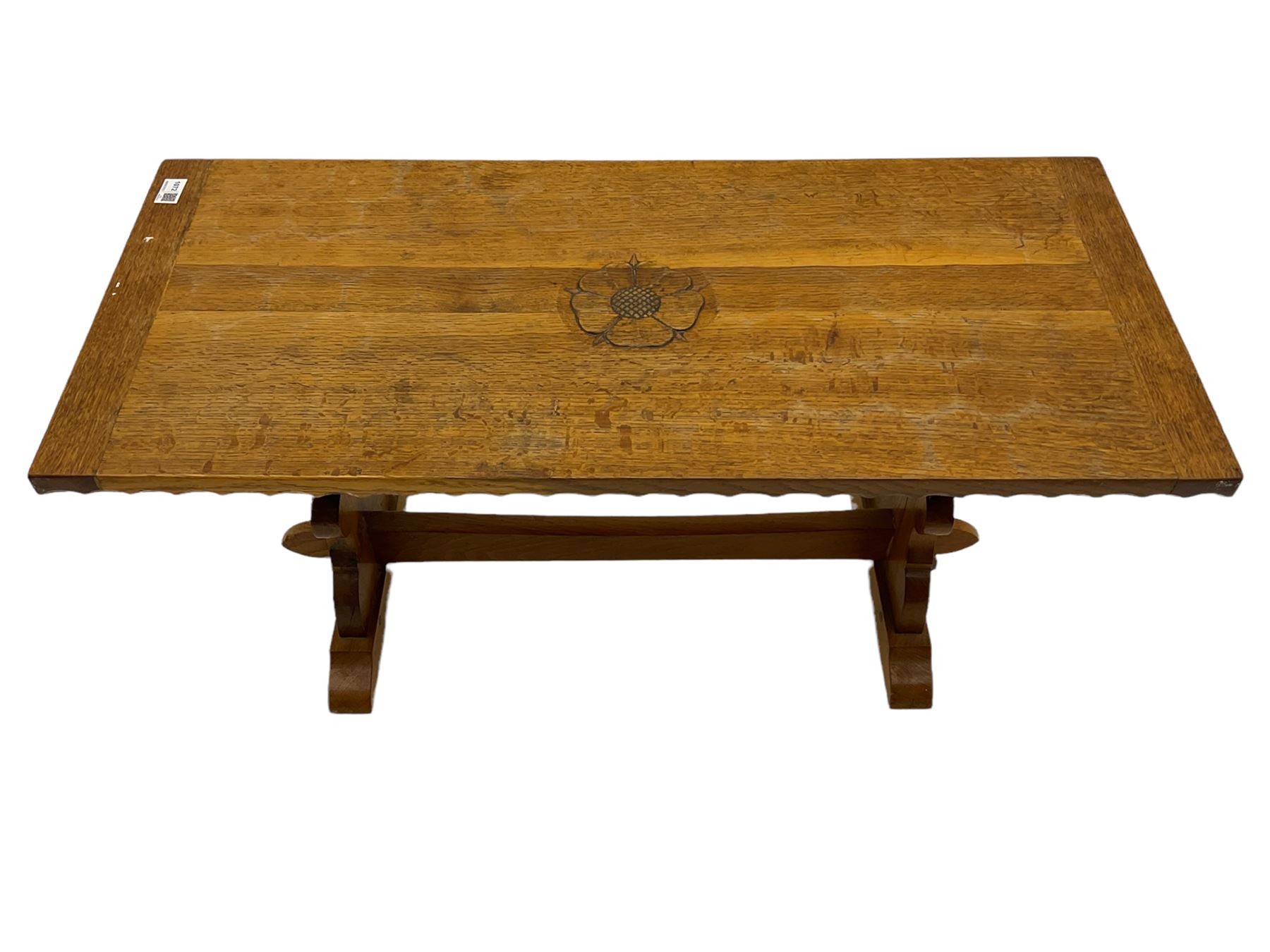 'Woodpeckerman' - Yorkshire oak rectangular coffee table by Stan Dodds, carved central rose, stretcher base, carved Woodpecker motif to the leg 