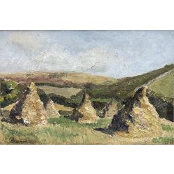 Elaine Belfrage (Scottish exh.1937-1939): Hay Stooks in rolling Landscape, impasto oil on canvas signed 29cm x 44cm