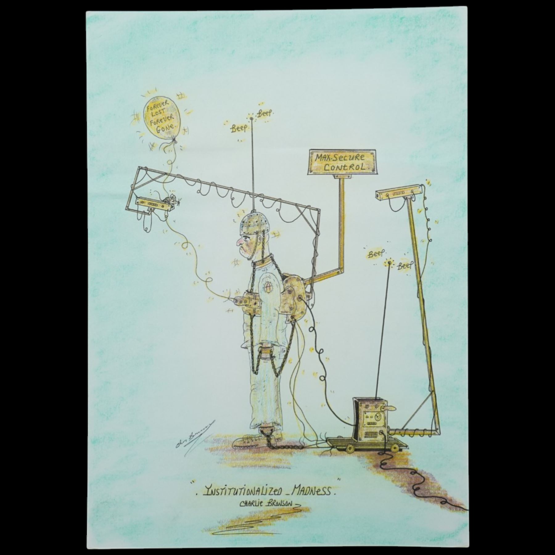 Charles Bronson (Charles Arthur Salvador) (British 1952-): A comprehensive collection of five hundred mixed media works executed between 2000 and 2025. Produced during the artist’s long-term incarceration, the works are primarily in ink, coloured pencil and mixed media on paper. The collection includes multiple formats: A5 (15 works), A4 (308 works), A3 (164 works) and A2 (13 works). Some are signed and dated; a number are executed on the reverse of official prison documents and other repurposed materials, reflecting the limited availability of art materials within the prison environment. This collection represents the largest body of the artist’s work to be offered as a single lot and has not previously been available on the market. (500) (unframed)

Notes: Dated examples span the period from 2000 to 2025, with the greatest concentration produced between 2012 and 2019 and including a group of recent large-scale works from the final years of the period; approximately twenty percent are undated.