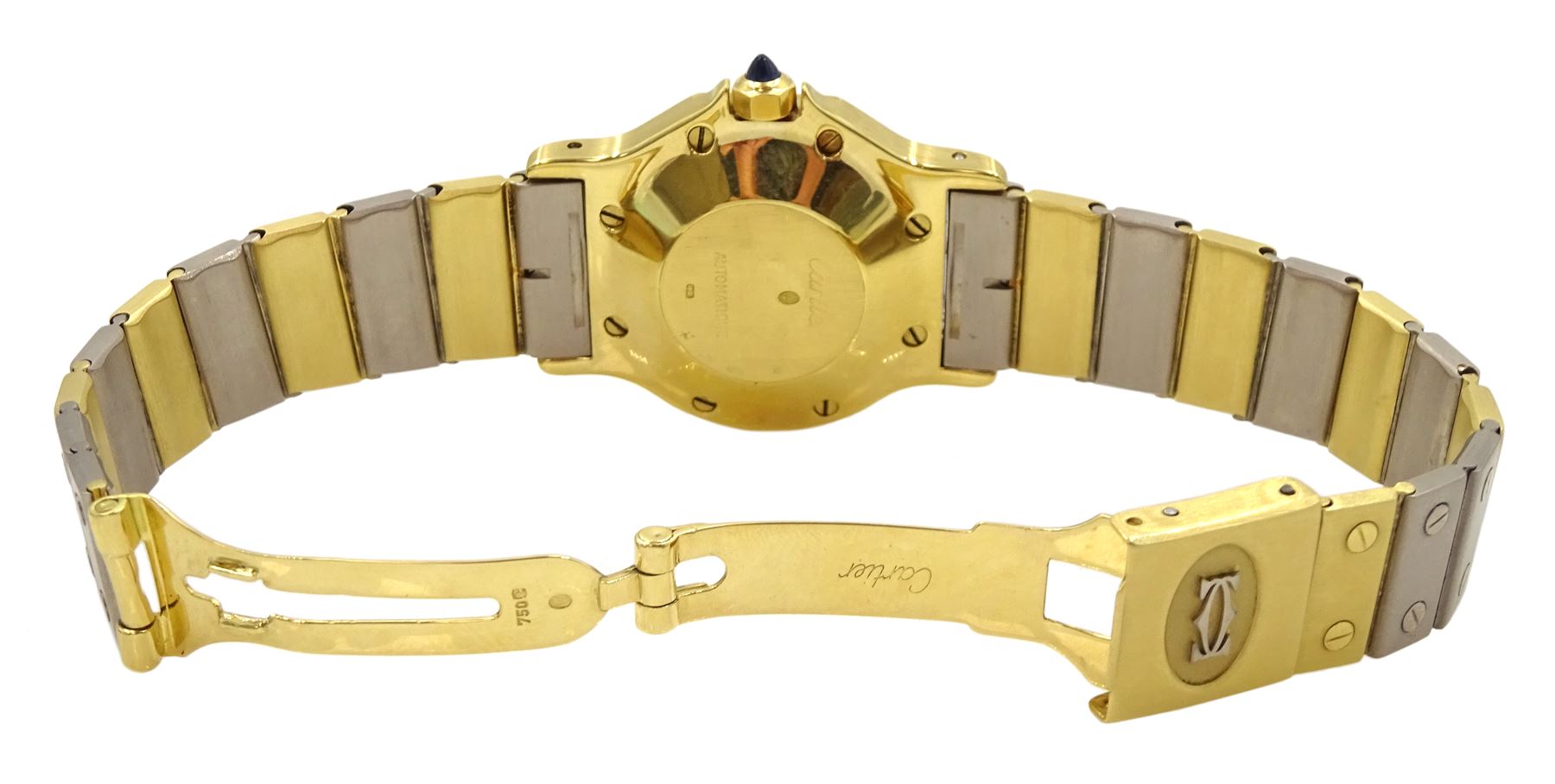 Cartier Santos ladies 18ct white and yellow gold automatic wristwatch, hexagonal case, white dial with date aperture and sapphire crown, on 18ct gold bracelet, hallmarked, with gold-over clasp, with red pouch