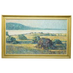 English Post Impressionist School (Late 20th century): 'Jersey' Coastal Scene, acrylic and impasto on board inscribed verso 60cm x 105cm