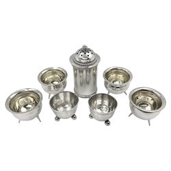 Set of four Victorian silver open salts, each of cauldron form upon three feet, hallmarked Mappin & Webb (John Newton Mappin), London 1891, together with a pair of similar Victorian silver open salts, of plain circular form, upon three bun feet, hallmarked Henry Williamson, Birmingham 1887 and a 1930s silver pepper shaker, of plain cylindrical form, with rope twist border to removable cover, hallmarked Birmingham 1934, maker's mark worn and indistinct, pepper H7.5cm