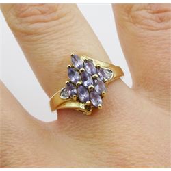 9ct gold marquise cut tanzanite cluster ring, with diamond set shoulders, hallmarked