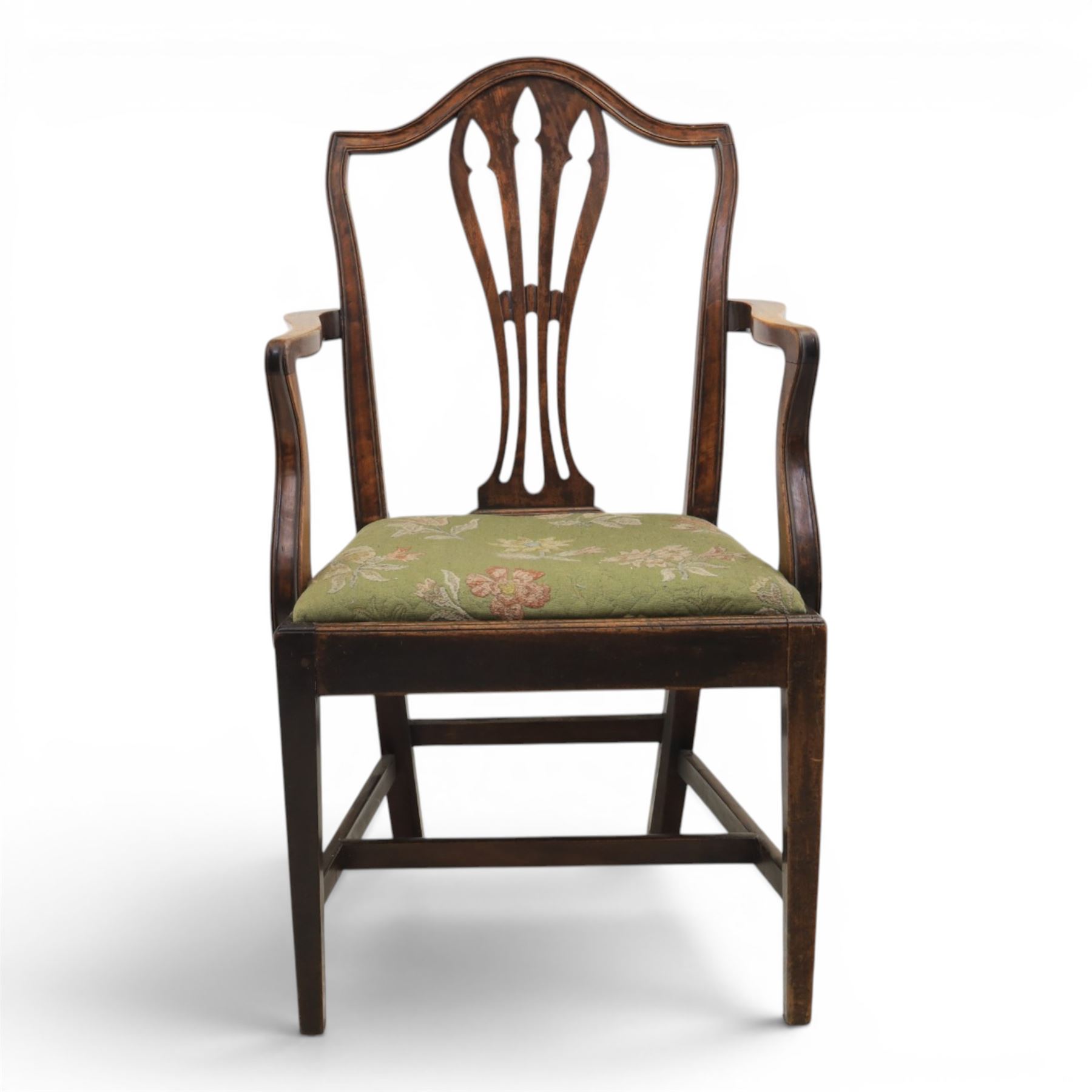 Early 20th century George III design mahogany open armchair, shaped cresting rail with pierced vase-form splat, curved open arms, stuff-over seat upholstered in green floral fabric, on square section supports