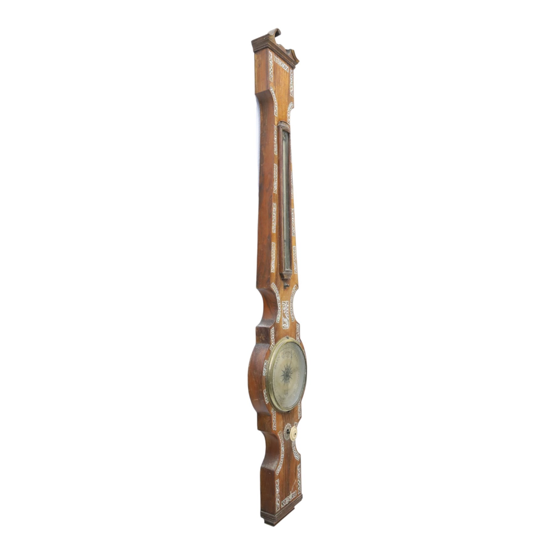 Three wheel barometers, a mother of pearl inlaid mahogany case, swan neck pediment, thermometer and circular dial, H 92cm, the second Sheraton Revival style with floral inlay, swan neck pediment, thermometer and circular dial, H 102cm, the third Sheraton Revival style, H 95cm (3)