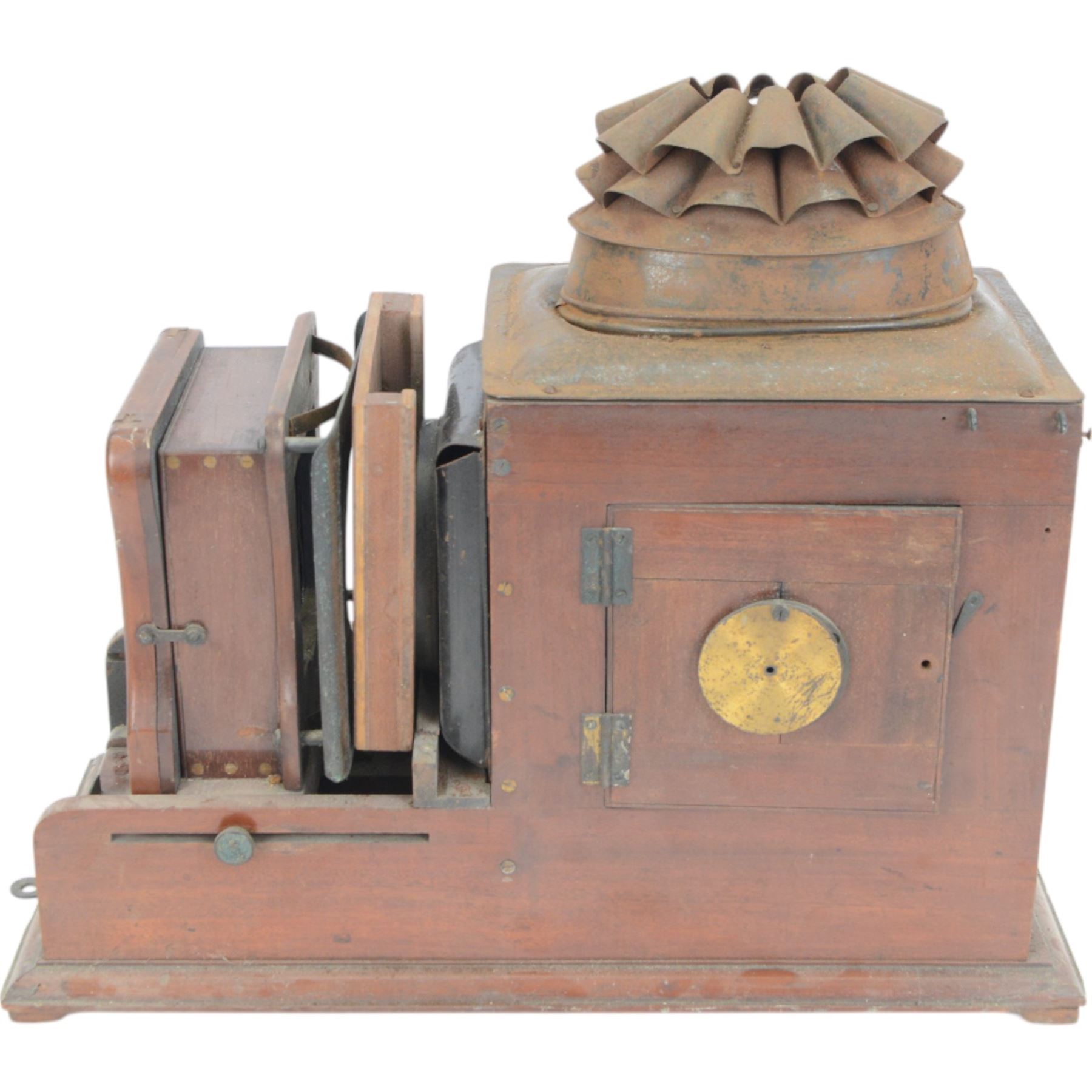 Late 19th century/early 20th century brass mounted mahogany magic lantern with brass lens