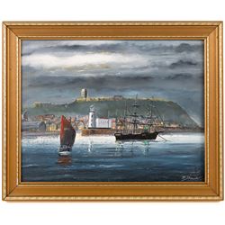 Robert Sheader (British 20th Century): Scarborough South Bay by Moonlight, oil on board signed 26.5cm x 34cm