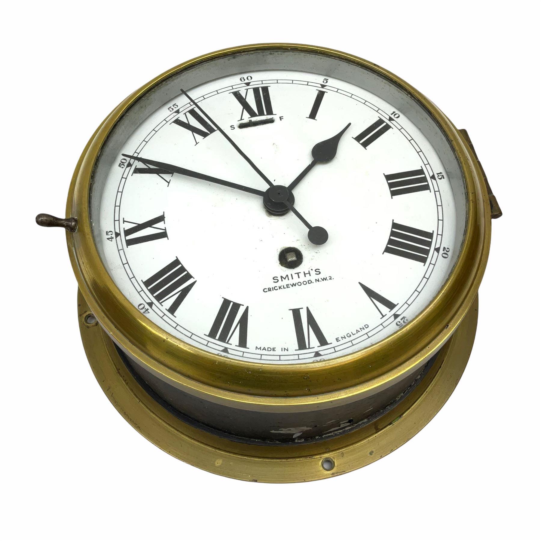 A 20th century Smiths brass cased bulkhead clock with a single train