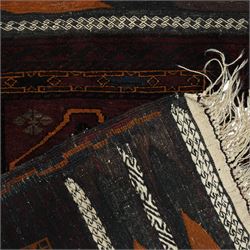 Group of four late 20th century wool kilim rugs, comprising a narrow tribal runner with stylised tree motifs and hooked guard bands (H 180cm, W 56cm), a lozenge medallion rug with decorative striped ends (H 125cm, W 75cm), a red and blue kilim with trefoil repeat field and multicoloured border bands (H 187cm, W 98cm), and a wide horizontal striped example with alternating lozenge and linear motif rows (H 260cm, W 173cm)