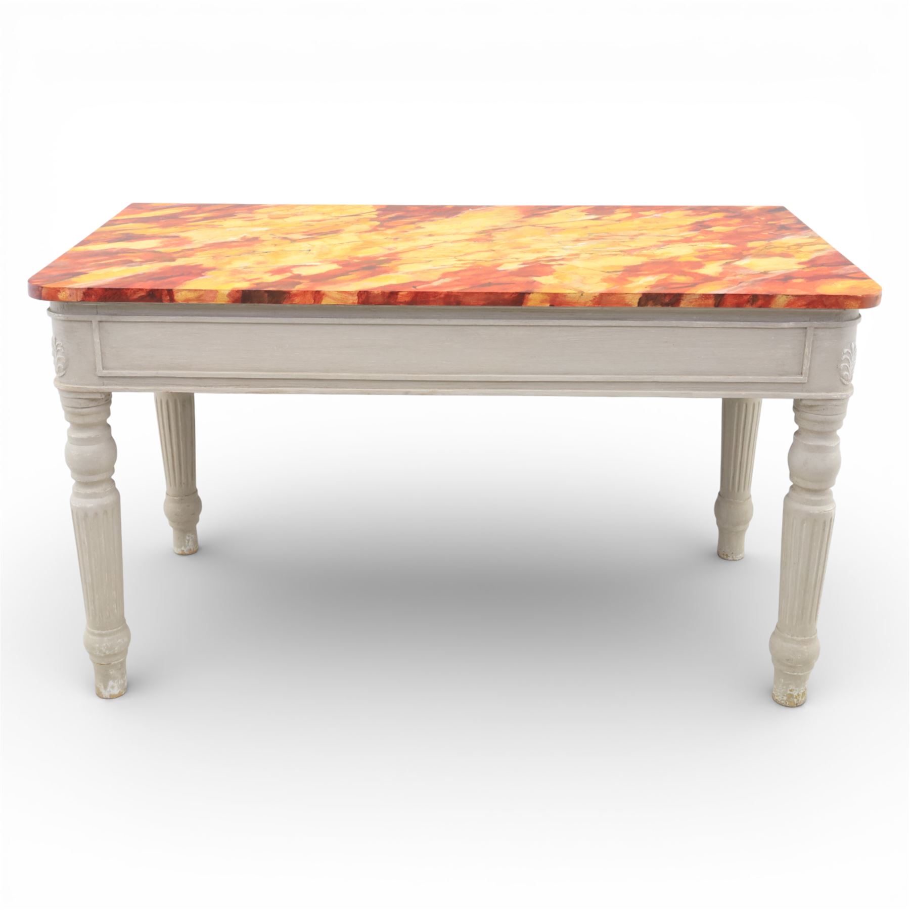 19th century style pine console table, with rectangular simulated marble top over a painted frieze, raised on fluted and turned tapering legs