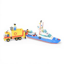 Eight vintage Lego Classic Town vehicles, comprising no. 6853 Coastal Cutter, no. 6359 Horse Trailer, no. 6693 Recycle Truck, no. 6361 Mobile Crane, no. 6340 Hook and Ladder, no. 6691 Red Cross Helicopter, no. 6341 Gas 'n' Go Flyer and no. 6697 Rescue Helicopter, all built with minifigures