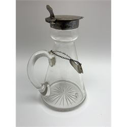 Edwardian silver mounted whisky noggin, of tapering cylindrical form with hinged flat cover, H12cm, together with a silver whisky label, each hallmarked H B Johnson & Co, London, whisky noggin dated 1906, label 1910