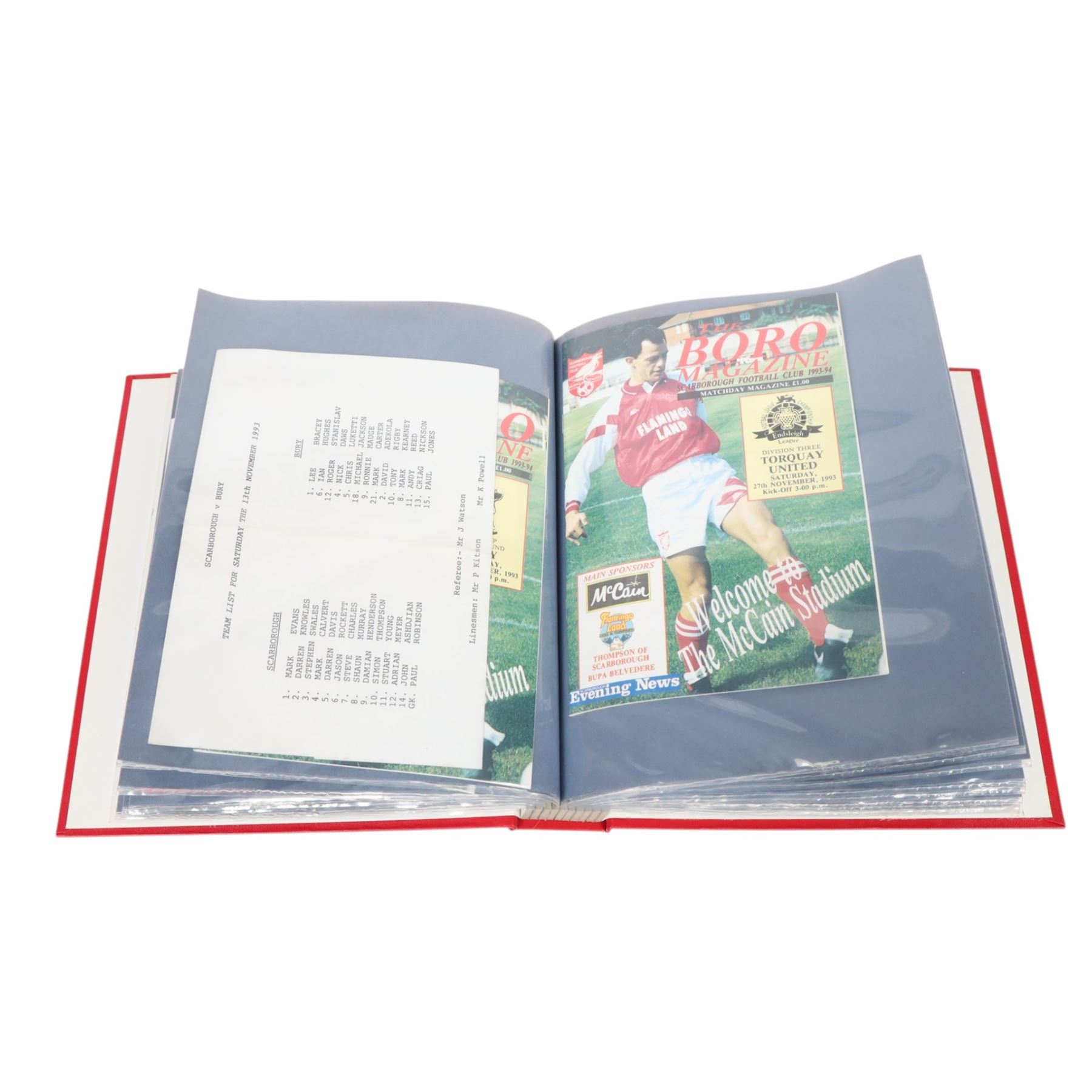 Comprehensive collection of approximately one-hundred and seventy Scarborough FC football programmes for the 1993/94, 1994/95 and 1995/96 seasons, all filed within six dedicated Scarborough FC red Home and Away binders